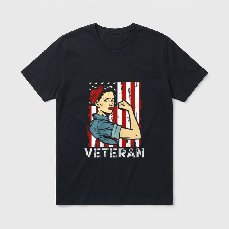 Women Veterans Day T-Shirt – Woman in profile with raised fist, American flag, word VETERAN – Classic T-Shirt in Black