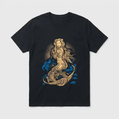 Vintage Mermaid Tattoo T-Shirt – Mermaid in gold tattoo style with blue water splashes – Classic T-Shirt in Black