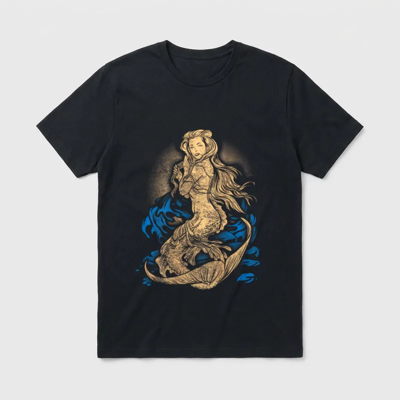 Vintage Mermaid Tattoo T-Shirt – Mermaid in gold tattoo style with blue water splashes – Classic T-Shirt in Black