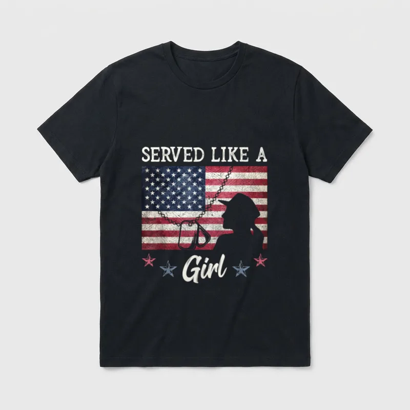 Served Like A Girl T-Shirt – SERVED LIKE A Girl with female soldier silhouette and flag – Classic T-Shirt in Black