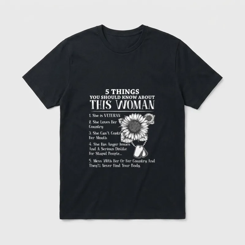 Woman Veteran Five Things T-Shirt – Five things about a woman veteran, with sunflower and dog tags – Classic T-Shirt in Black