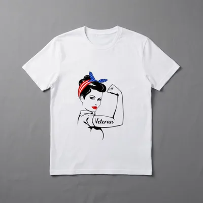 Female Veteran Rosie T-Shirt – Woman flexing bicep with "Veteran" text and patriotic bandana – Classic T-Shirt in Black
