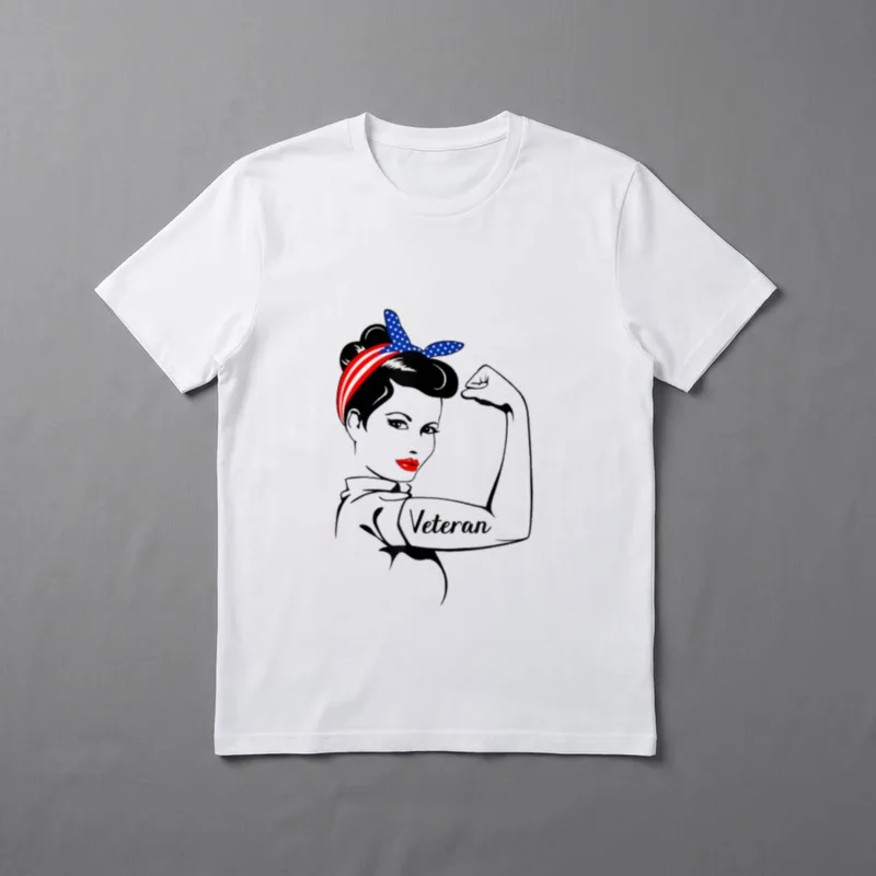 Female Veteran Rosie T-Shirt – Woman flexing bicep with "Veteran" text and patriotic bandana – Classic T-Shirt in Black