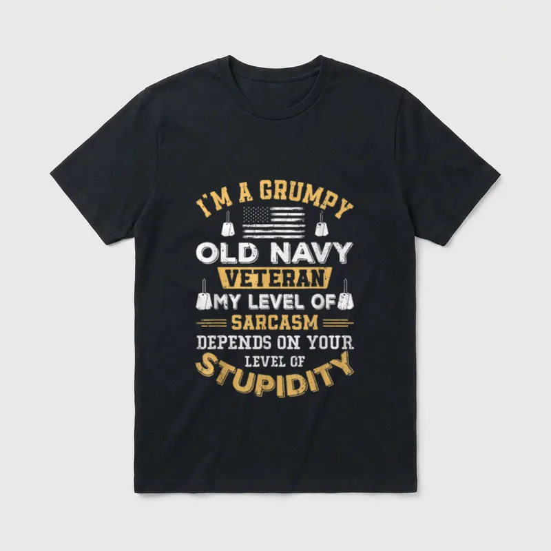 Grumpy Old Veteran Shirt – Navy veteran text with dog tags and distressed American flag – Classic T-Shirt in Black