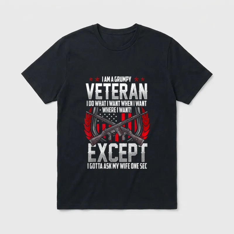 Grumpy Military Veteran T-Shirt – I AM A GRUMPY VETERAN text with crossed rifles and American flag – Classic T-Shirt in Black