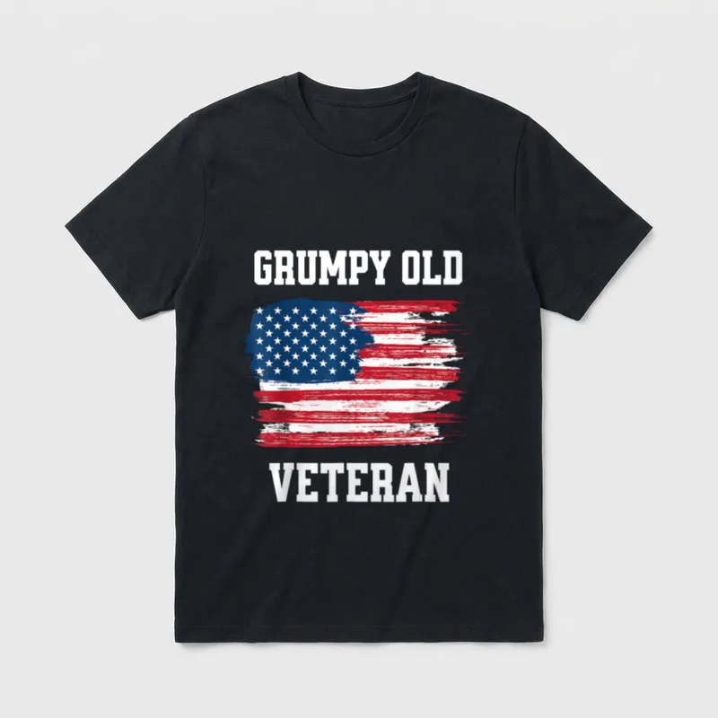 Patriotic Veteran Humor T-Shirt – "Grumpy Old Veteran" text with distressed American flag – Classic T-Shirt in Black