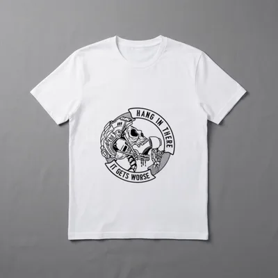 Sarcastic Veteran Coffee T-Shirt – "HANG IN THERE IT GETS WORSE" with skull in military helmet – Classic T-Shirt in Black