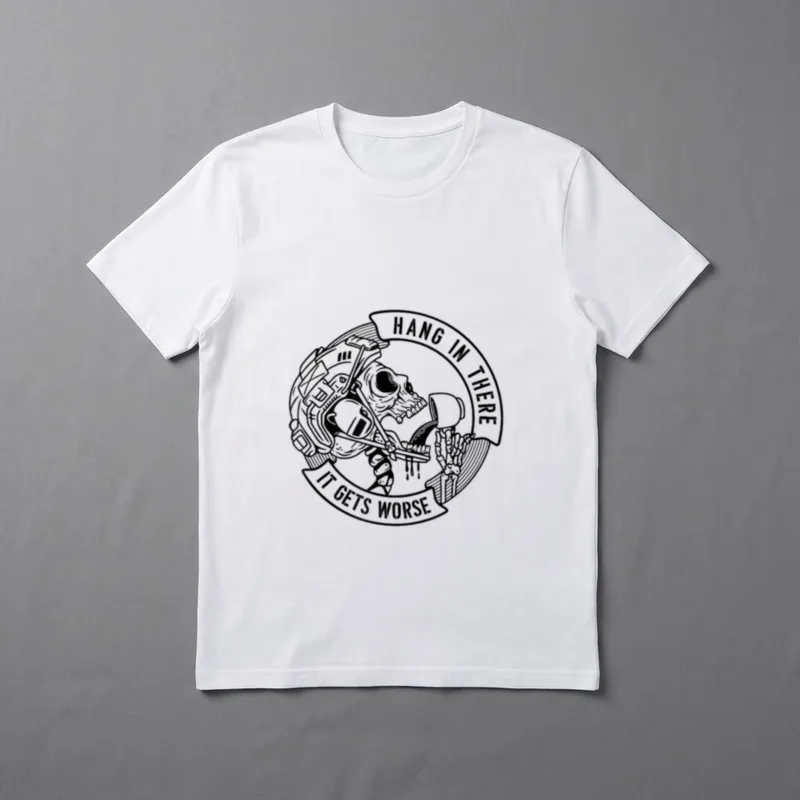 Sarcastic Veteran Coffee T-Shirt – "HANG IN THERE IT GETS WORSE" with skull in military helmet – Classic T-Shirt in Black