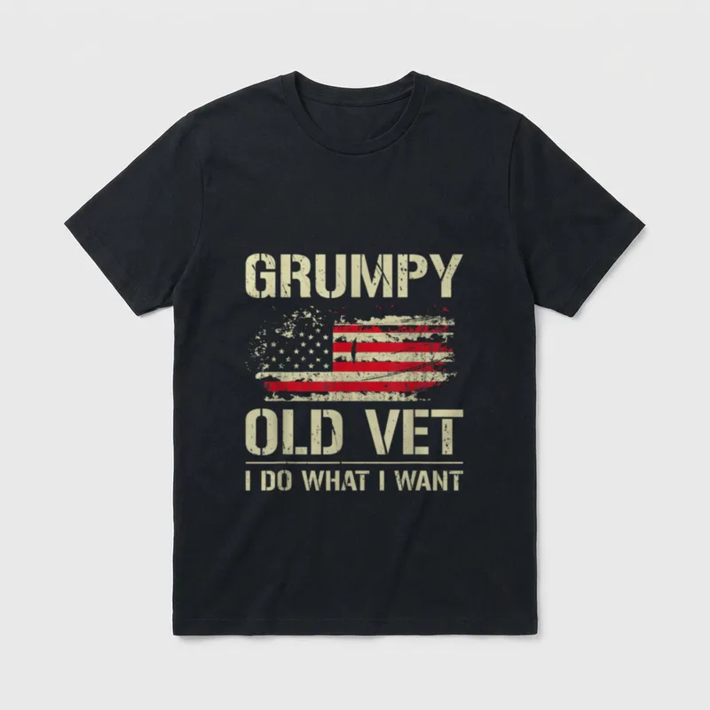 Retro Veteran USA Flag T-Shirt – GRUMPY OLD VET I DO WHAT I WANT with distressed American flag – Classic T-Shirt in Black