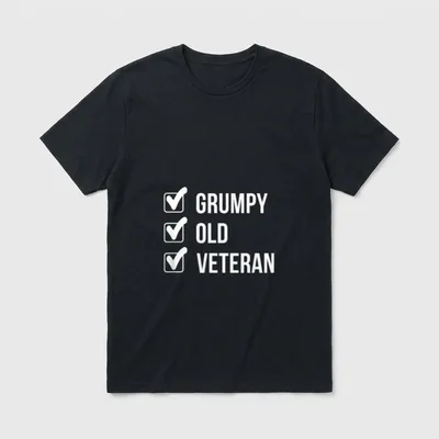 Funny Vet Life T-Shirt – Three checked boxes with the words GRUMPY, OLD, and VETERAN – Classic T-Shirt in Black