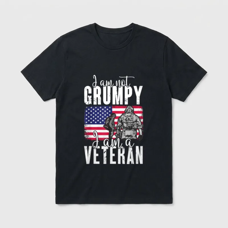 I Am Not Grumpy a Veteran T-Shirt – I am not GRUMPY I am a VETERAN text with soldiers on a flag – Classic T-Shirt in Black