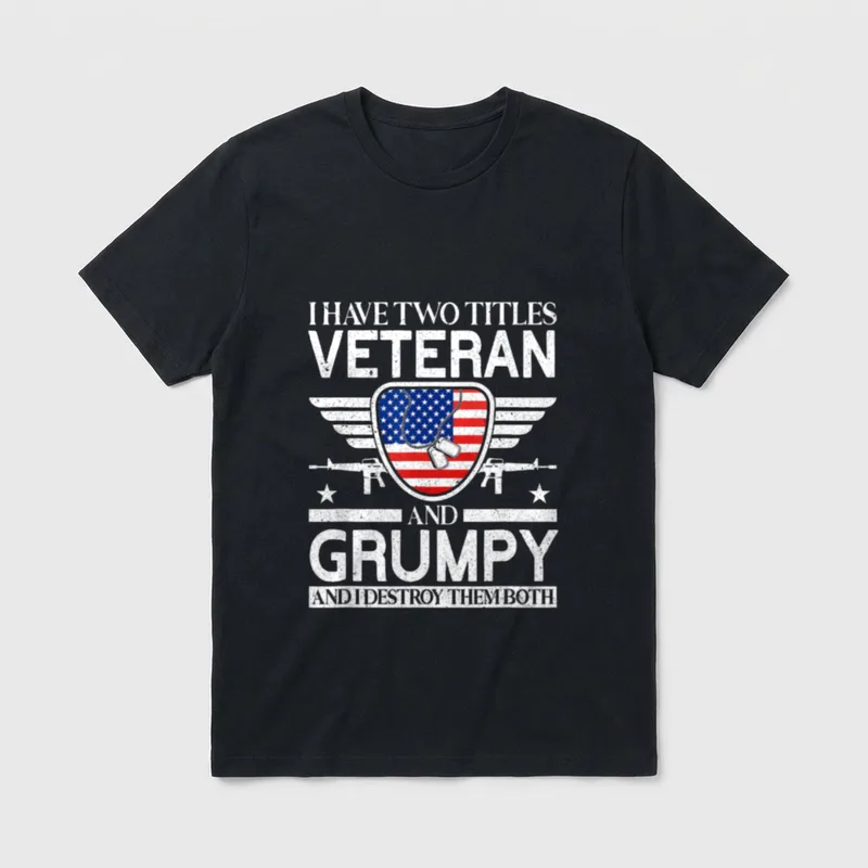 Two Titles Veteran Grumpy USA Flag T-Shirt – Classic T-Shirt in Black