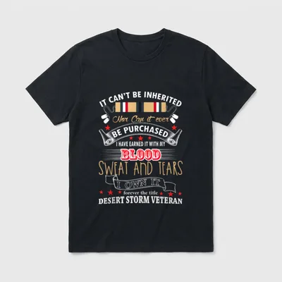 Desert Shield Vet T-Shirt – Military message with Desert Storm ribbon bar and dog tags – Classic T-Shirt in Black