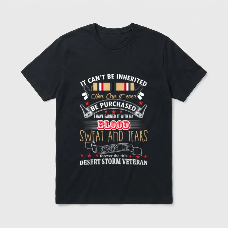 Desert Shield Vet T-Shirt – Military message with Desert Storm ribbon bar and dog tags – Classic T-Shirt in Black