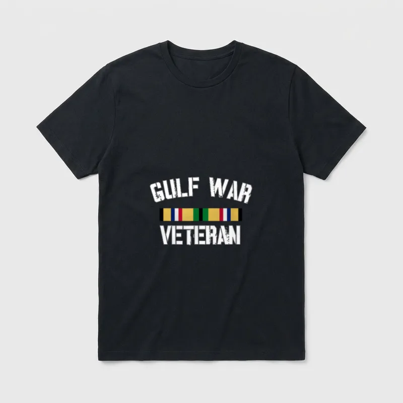 Gulf War Veteran Pride T-Shirt – Text reading GULF WAR VETERAN with military service ribbon – Classic T-Shirt in Black
