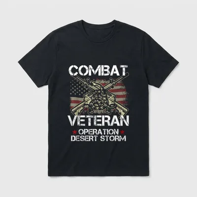 Combat Veteran American Flag T-Shirt – COMBAT VETERAN OPERATION DESERT STORM with crossed rifles – Classic T-Shirt in Black