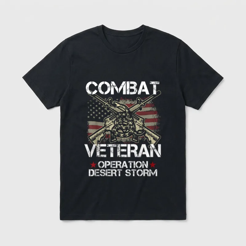Combat Veteran American Flag T-Shirt – COMBAT VETERAN OPERATION DESERT STORM with crossed rifles – Classic T-Shirt in Black