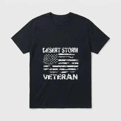 Combat Veteran Gulf War T-Shirt – DESERT STORM VETERAN text with American flag – Classic T-Shirt in Black