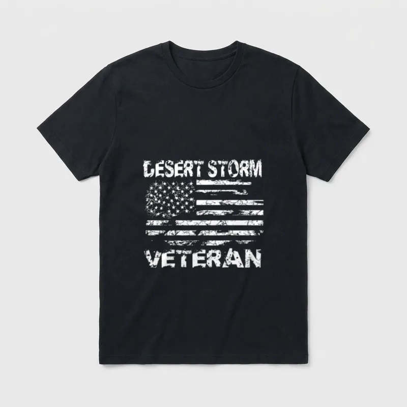 Combat Veteran Gulf War T-Shirt – DESERT STORM VETERAN text with American flag – Classic T-Shirt in Black