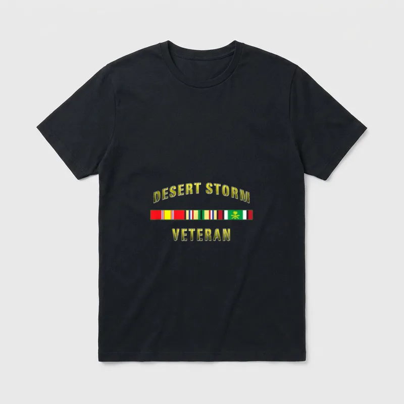 Military Desert Storm T-Shirt – DESERT STORM VETERAN text with military service ribbons – Classic T-Shirt in Black