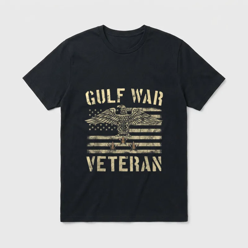 Desert Storm Veteran Eagle T-Shirt – GULF WAR VETERAN text with eagle and American flag – Classic T-Shirt in Black