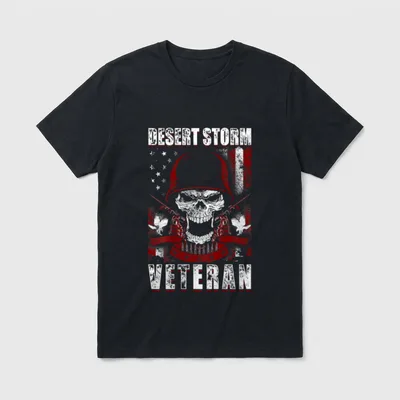 Operation Desert Storm Vet T-Shirt – DESERT STORM VETERAN text with skull, grenades, and flags – Classic T-Shirt in Black