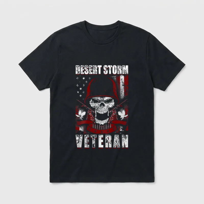 Operation Desert Storm Vet T-Shirt – DESERT STORM VETERAN text with skull, grenades, and flags – Classic T-Shirt in Black