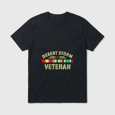 Desert Storm Veteran Women T-Shirt – DESERT STORM VETERAN with red star and military ribbon bar – Classic T-Shirt in Black