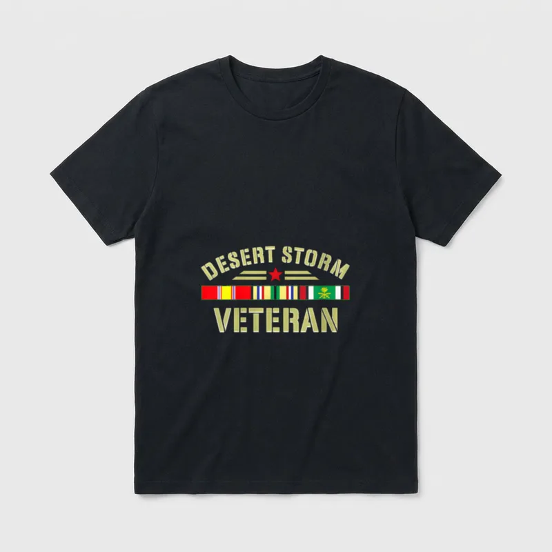 Desert Storm Veteran Women T-Shirt – DESERT STORM VETERAN with red star and military ribbon bar – Classic T-Shirt in Black