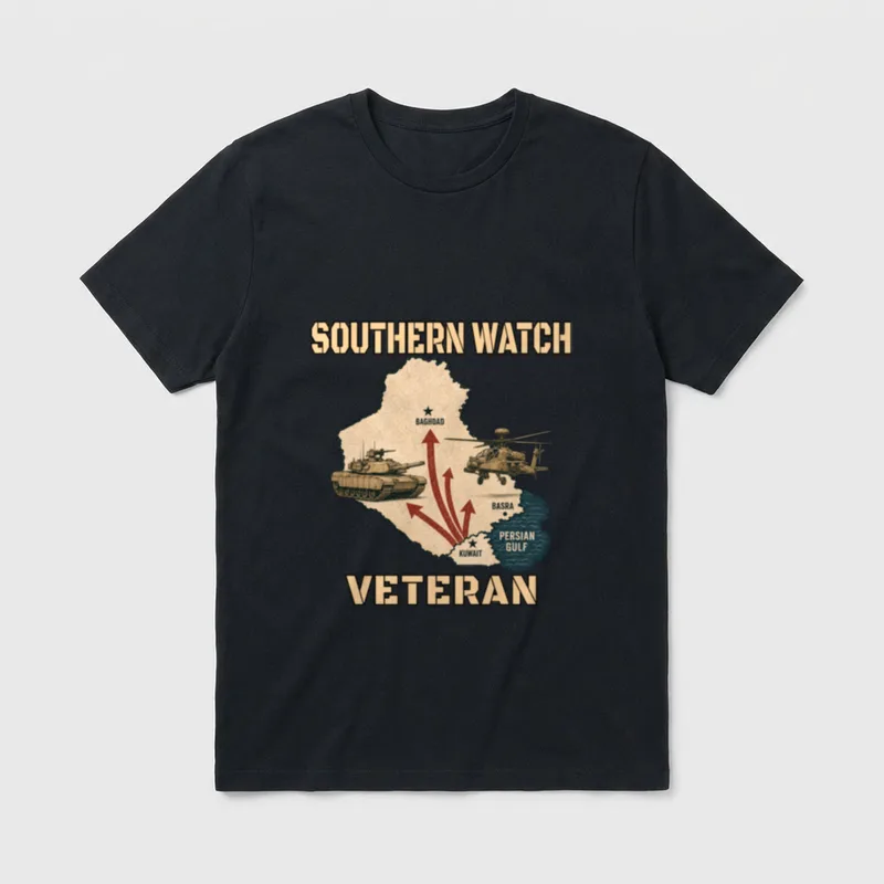 Desert Storm Military Veteran T-Shirt – SOUTHERN WATCH VETERAN text with tactical map – Classic T-Shirt in Black