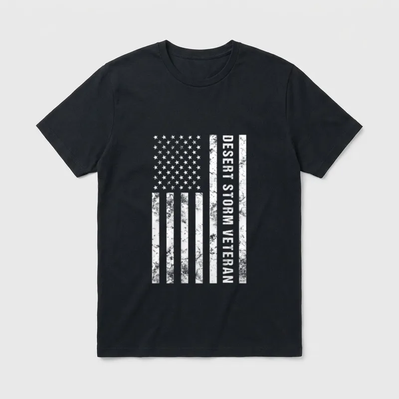 American Flag Desert Storm Veteran T-Shirt – "DESERT STORM VETERAN" text with American flag – Classic T-Shirt in Black