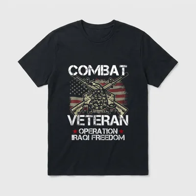 Afghanistan Veteran Shirt – COMBAT VETERAN and OPERATION IRAQI FREEDOM text with crossed rifles – Classic T-Shirt in Black