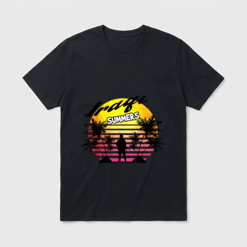 Iraq Veteran Summer T-Shirt – Iraqi Summers arced over a retro sun with soldier and palms – Classic T-Shirt in Black