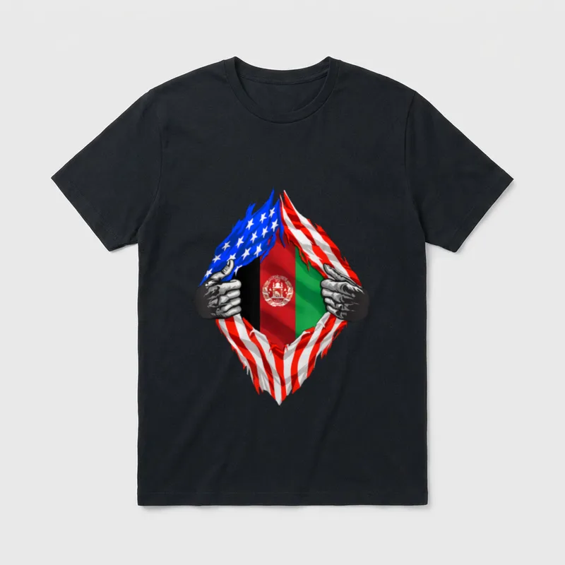 Afghanistan Veteran T-Shirt – Two hands tearing open chest revealing American and Afghan flags – Classic T-Shirt in Black