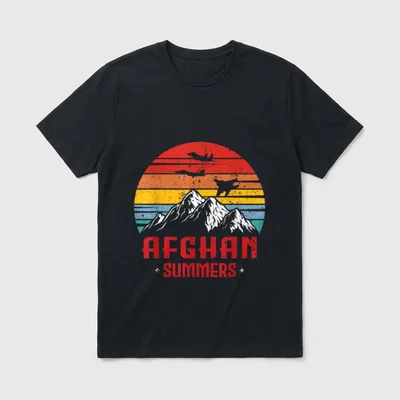 Afghan Service Veteran T-Shirt – Text reading AFGHAN SUMMERS with mountains and striped sunset – Classic T-Shirt in Black