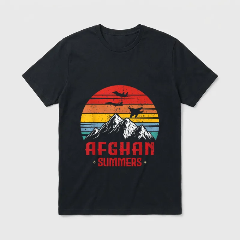 Afghan Service Veteran T-Shirt – Text reading AFGHAN SUMMERS with mountains and striped sunset – Classic T-Shirt in Black