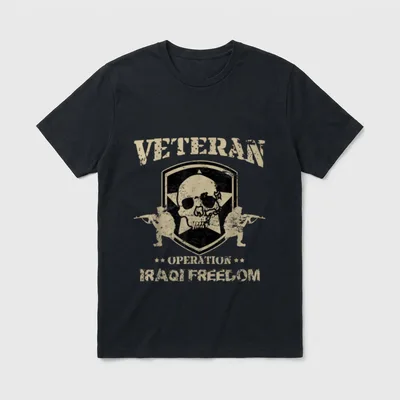 Army Iraq Veteran T-Shirt – VETERAN and OPERATION IRAQI FREEDOM text with skull shield and rifles – Classic T-Shirt in Black