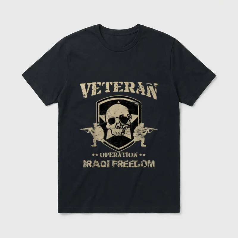 Army Iraq Veteran T-Shirt – VETERAN and OPERATION IRAQI FREEDOM text with skull shield and rifles – Classic T-Shirt in Black