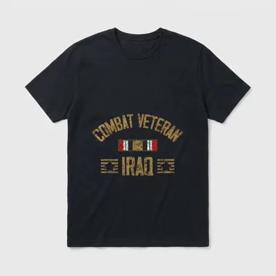Iraq Combat Veteran T-Shirt – COMBAT VETERAN and IRAQ in gold with Iraqi flag stripes – Classic T-Shirt in Black