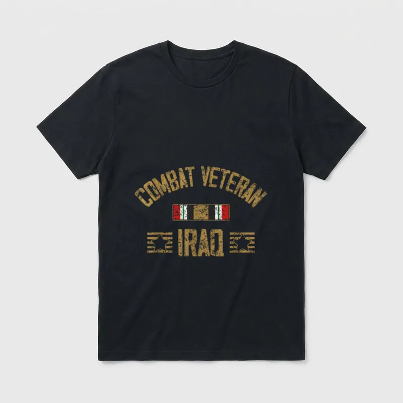 Iraq Combat Veteran T-Shirt – COMBAT VETERAN and IRAQ in gold with Iraqi flag stripes – Classic T-Shirt in Black