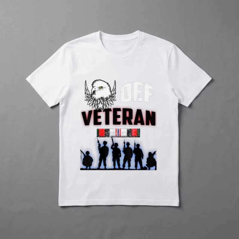 OEF Veteran Military T-Shirt – OEF VETERAN text with eagle, star, ribbon and soldier silhouettes – Classic T-Shirt in Black