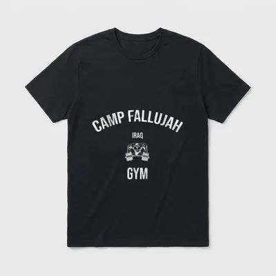 Iraq Veteran Gym T-Shirt – Camp Fallujah Iraq Gym text with muscled figure lifting dumbbells – Classic T-Shirt in Black