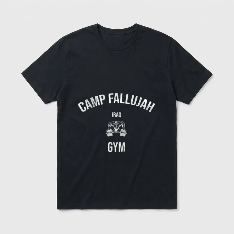 Iraq Veteran Gym T-Shirt – Camp Fallujah Iraq Gym text with muscled figure lifting dumbbells – Classic T-Shirt in Black