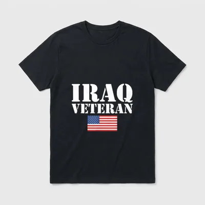 Iraq Veteran Patriot T-Shirt – White text reading "IRAQ VETERAN" with American flag below – Classic T-Shirt in Black