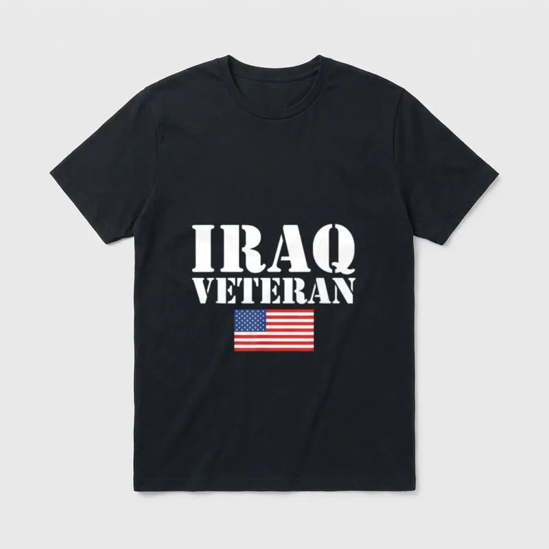 Iraq Veteran Patriot T-Shirt – White text reading "IRAQ VETERAN" with American flag below – Classic T-Shirt in Black