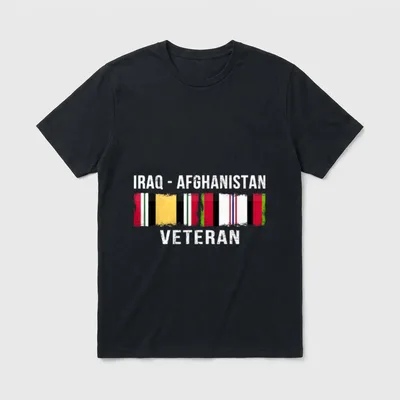 Iraq Afghanistan Service T-Shirt – IRAQ - AFGHANISTAN VETERAN in white with two flag designs below – Classic T-Shirt in Black