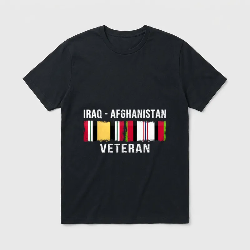 Iraq Afghanistan Service T-Shirt – IRAQ - AFGHANISTAN VETERAN in white with two flag designs below – Classic T-Shirt in Black
