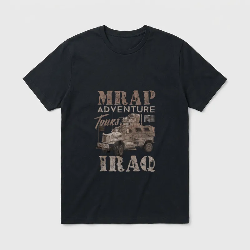 Iraq Veteran Military T-Shirt – MRAP ADVENTURE Toured IRAQ text with armored military vehicle – Classic T-Shirt in Black