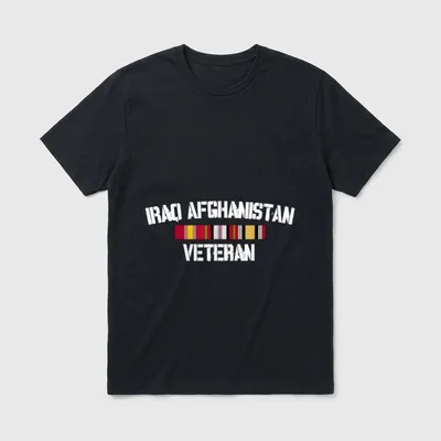 Veteran Pride Service T-Shirt – IRAQ AFGHANISTAN VETERAN text with military service ribbon bar – Classic T-Shirt in Black