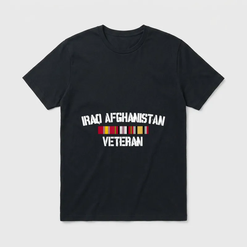 Veteran Pride Service T-Shirt – IRAQ AFGHANISTAN VETERAN text with military service ribbon bar – Classic T-Shirt in Black
